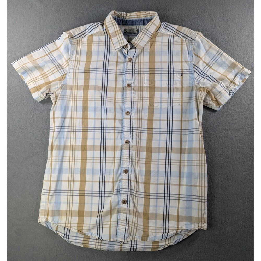 Rusty Mens Plaid Short Sleeve Button Up Shirt Medium White‎ Blue Tan